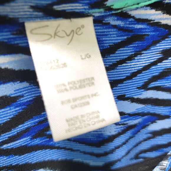 Tunic Top Womens L Blue Button Up Long Roll Tab Sleeves Collar Casual Geometric - Picture 6 of 12